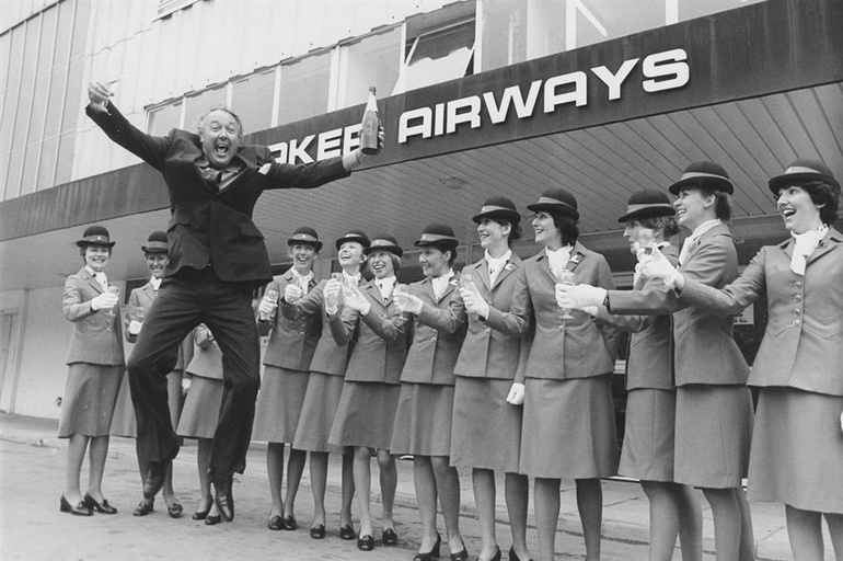 Laker Airways founder Freddie Laker celebrates the airline's success